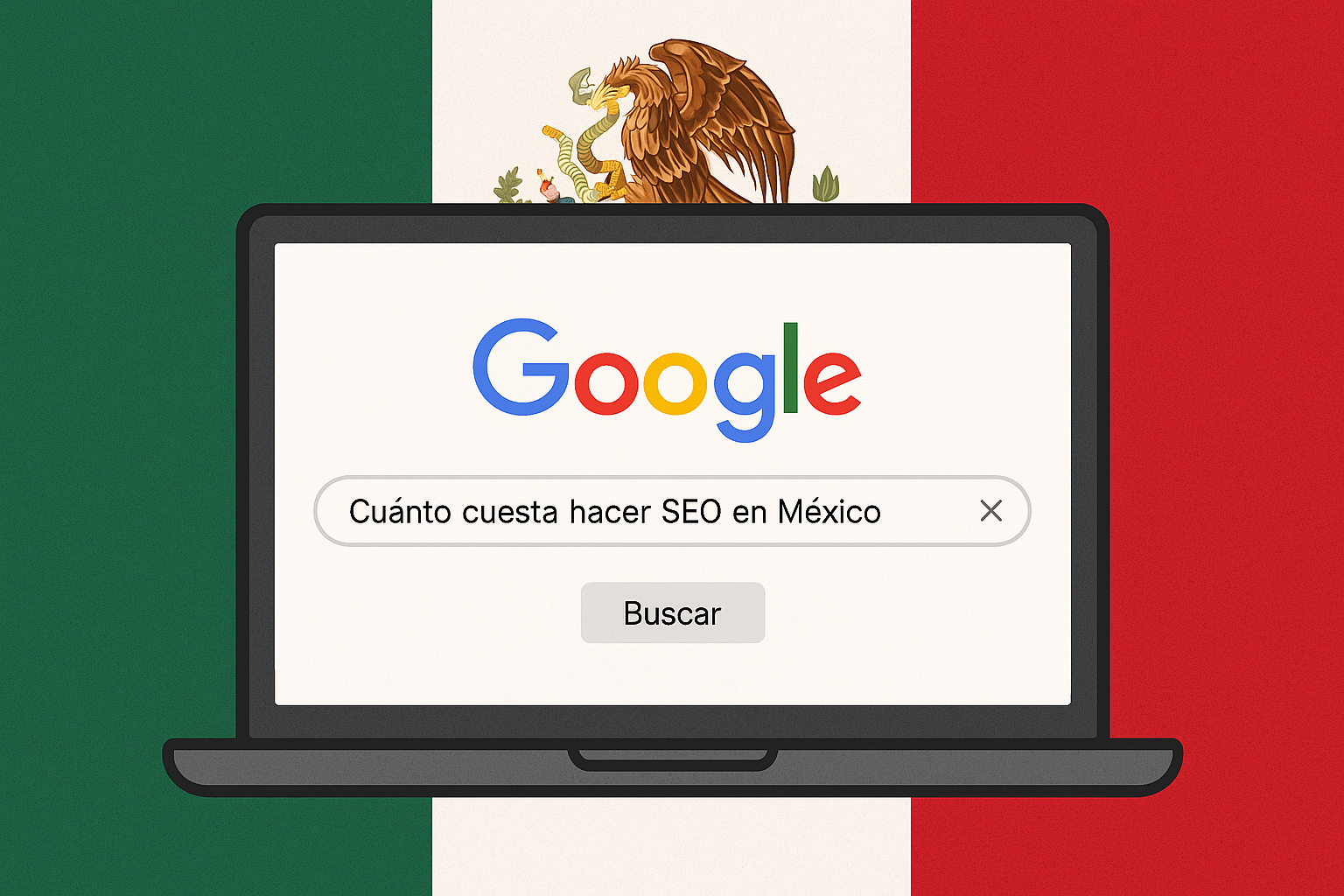 laptop con buscador de google y bandera de méxico atrás con la frase "¿Cuánto cuesta el servicio de SEO en México?" - Gerardo Munguia Alonso
